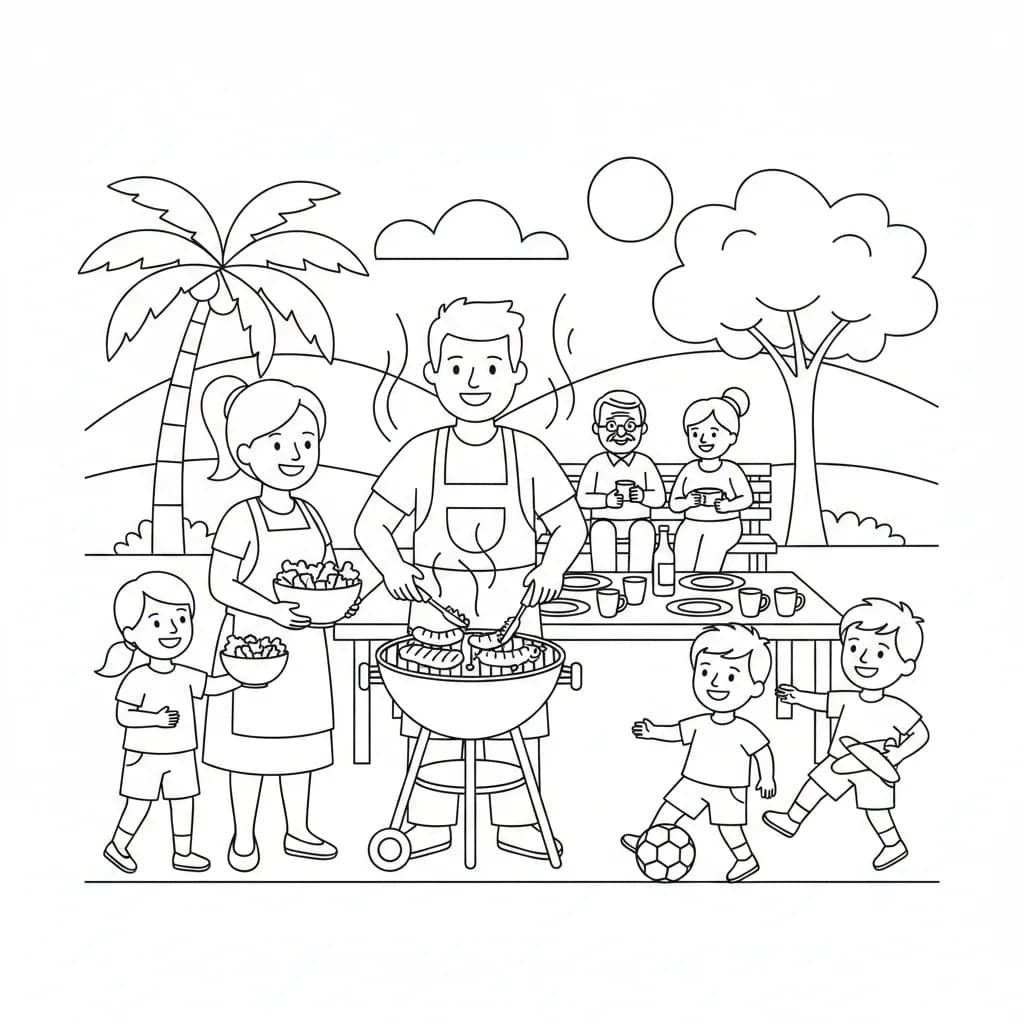 Familia en asado - Bold Line Art